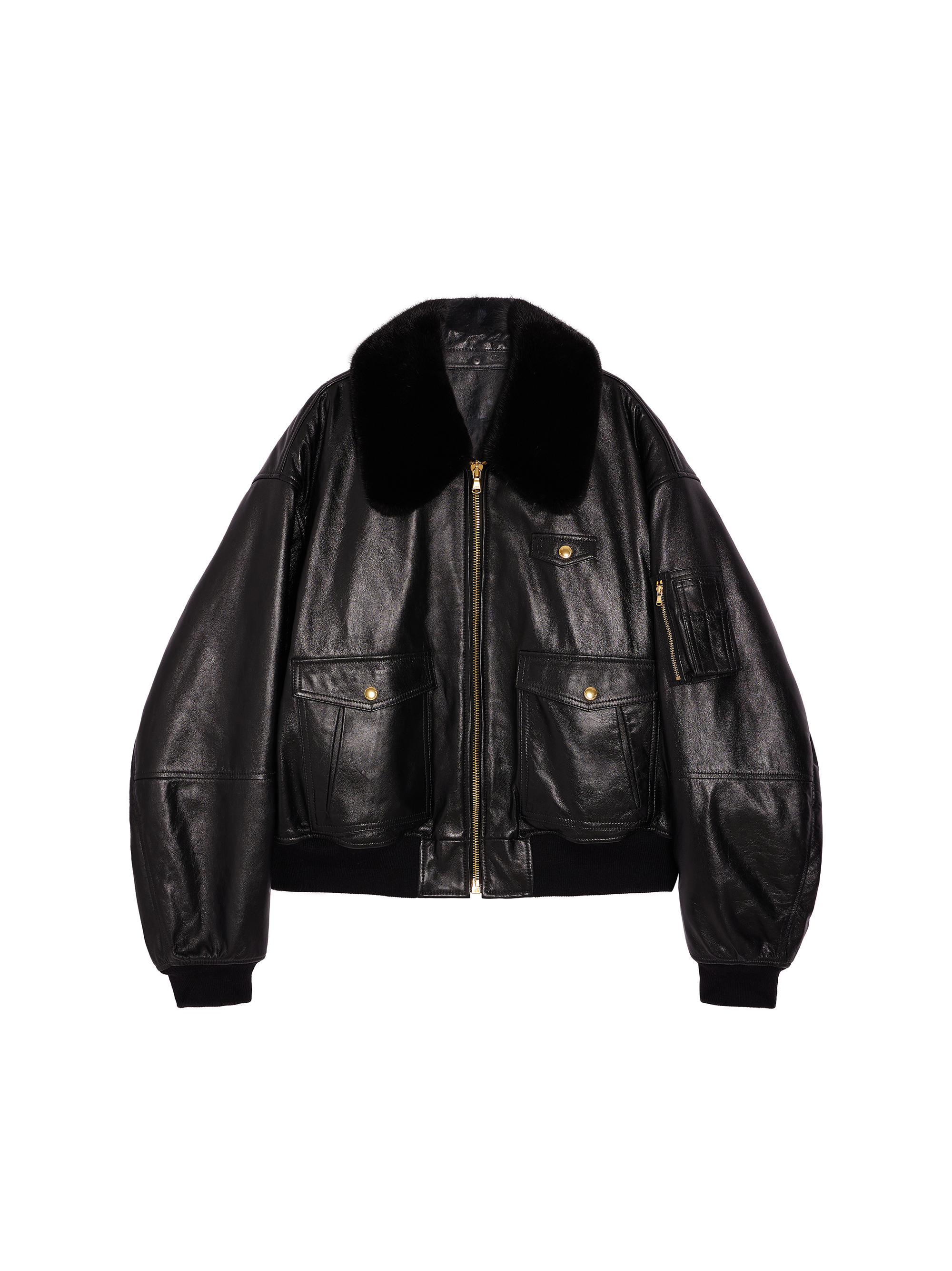 Mink Collar Lamb Leather Bomber Jacket / 밍크 칼라 램 레더 봄버 자켓